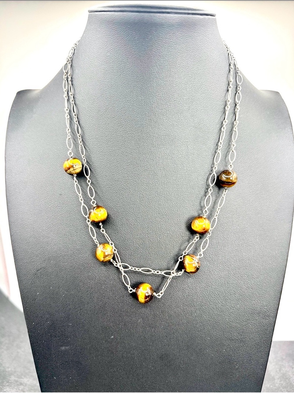 Silver Chain Necklace with Tiger’s Eye Beads - Women Jewelry